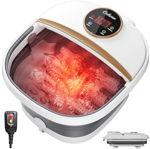 GEHONA Collapsible Foot Spa Bath with Heat,Foot Massager with Two Side Supports,Leakage Protector,Temperature Control,Bubbles,Red Light,Timer, Feet Spa Tub,Feet Soaker,Gifts (White)