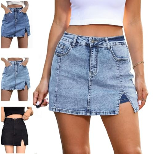 Faldas Vaqueras para Mujer, Falda Vaquera elástica Informal de Cintura Alta, Falda Vaquera de Verano de Moda con Abertura Lateral y Pantalones Cortos Debajo. (Light Blue,XL)