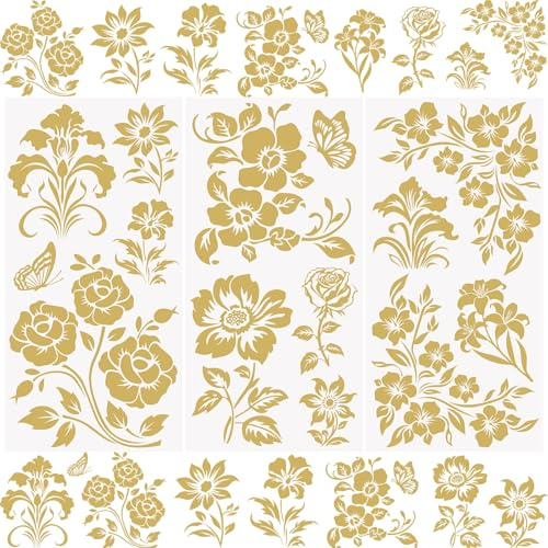 WANDIC 3 Hojas de Calcomanías de Transferencia de Flores Doradas, Pegatinas de Transferencia Muebles Impermeables, Vintage Mariposas, para Manualidades Vidrio Decoración, 15 x 30 cm