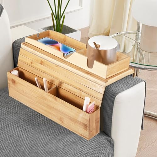 DoeDoefong Bandeja de sofá flexible de madera, mesa de reposabrazos de bambú, bandeja de sofá plegable para reposabrazos de sofá para aperitivos y bebidas con mando a distancia