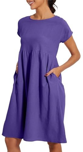Oyuchga Vestido de verano para mujer, tallas grandes, lino y algodón, elegante, monocolor, manga corta, vestido informal, cuello en V, cuello redondo, vestido de lino, cómodo, ligero, B Lila, 3XL