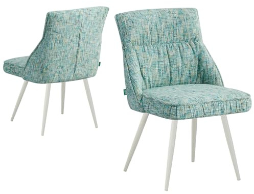 DUBI Esszimmerstuhl Serina 2er Set – Schalenstuhl feststehend, Türkies Webstoff – 4-Fuß Metallgestell Weiß – Moderner Design Stuhl, robust für Büro & Essbereich