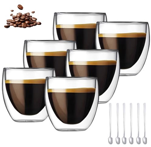 WDKXCN Vasos Doble Pared, Set de 6 Piezas Taza Doble Pared Cristal con 6 Cucharas, 80ml Vasos Cafe, Coffee Cup Resistente al Calor, Taza Cristal para Leche, Macchiato, Capuchino, Cerveza, Leche, Té
