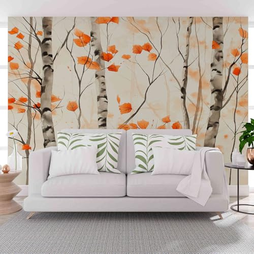 Gaqinhh Bouleau en Aquarelle Papier Peint Panoramique, Orange Papier Peint Intissé, Salon, Adulte Chambre D'Enfants, Restaurant Décoration Murale 200 x 140 cm (L x H)
