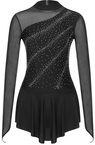 Sinleey Eiskunstlauf Kleid Damen Langarm Trikot Eiskunstlauf Gymnastik Body Tanzanzug Tanz Strass Glitzer Eiskunstlaufkleider