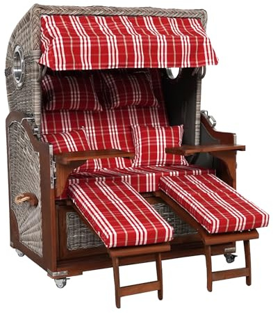 Webavita Strandkorb Bali Mahagoniholz | 2,5-Sitzer | Montiert | Geflecht Grau | Bezug Rot Kariert | Halblieger | Beach Chair für den Garten Terrasse Balkon
