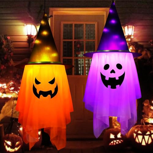 Pipihome Halloween Decorazioni, Fantasmi Luminosi da Appendere per Halloween, Fantasmi Addobbi Halloween con Un Cappello da Strega, Decorazione per Halloween Interni ed Esterni (A)