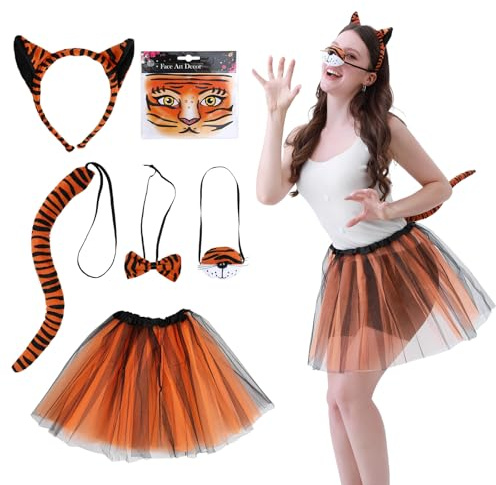 Dozesheep 6Pcs Halloween Tiger Costume Set, Animal Costume Tiger Ears Headband Tail Nose Bow Tie Face Sticker Tutu Skirt Fancy Dress Up for Women Men Halloween Cosplay Party Accessories