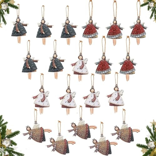 TranRantic 20 Stück Kleine Engel Anhänger für Weihnachtsbaum, Weihnachtsengelanhänger Set, Weihnachtsbaumschmuck Holz mit Bindeschnur, Christbaumschmuck Decorations Silvester Glücksbringer