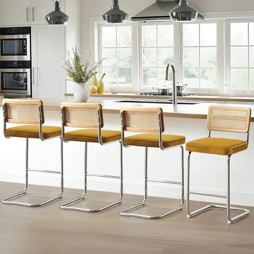 Zesthouse Natural Rattan Counter Stools Set of 4, 26 Modern Bar Stools with Solid Wood Back & Chrome Base, Yellow Velvet Counter Height Barstools, Mid Century Cantilever High Chair for Kitchen Island