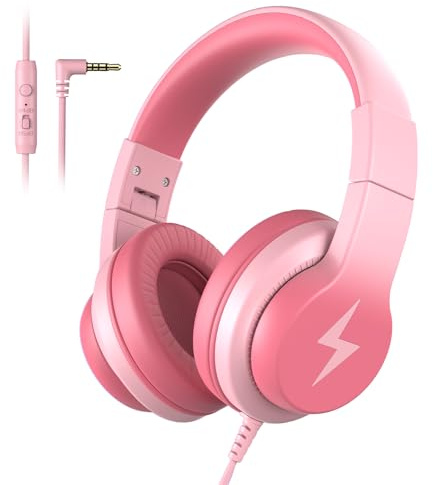 Candy Bila Kids Headphones, Wired Headphones for Kids Over Ear with Microphone, 85/94dB Volume Limiter Headphone for Girls Boys, Foldable Headphone for Learning & Entertainment, Light Pink