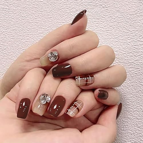 Auriselle Press on Nails Court 24 Pièces Français Faux Court Square Ongles Strass Artificiels Nail Rouge et Rose on Nails Brillant Coller les ongles, Parfait pour la Manucure à la Maison