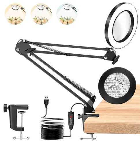 TANYO Lampe Loupe sur Pied, 10X Lampe Loupe de Bureau avec Pince, 3 Modes de Couleur et 10 Niveaux de Luminosité Loupe Grossissante, Professionnels Loupe Eclairante pour la Lecture, Personnes âgées