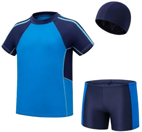 Mayoii 3PCS Boys Swimming Costume, Boys Swimming Trunks & Short Sleeve Rash Guard Shirt & Swim Cap, Toddler Swimsuit 2-15 Years (UK, Age, 10 Years, 12 Years, Regular, Blue)