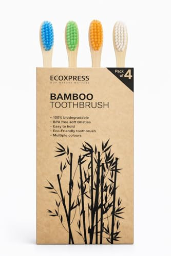 ECOXPRESS Natural Bamboo Toothbrush for Adults – 4 PCS Soft BPA-Free Charcoal Bristles, 100% Biodegradable Handle, Eco-Friendly & Sustainable Oral Care