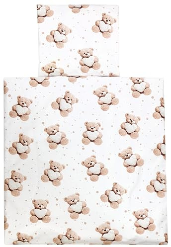 TupTam Unisex Baby Wiegenset 4-teilig Bettwäsche-Set: Bettdecke und Kopfkissen mit Bezug, Farbe: Teddybär mit Herz/Beige, Größe: 80x80 cm