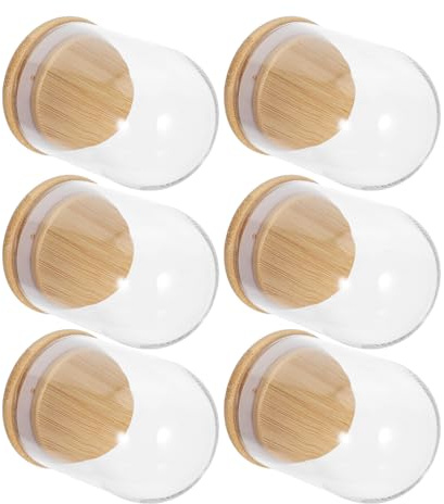 jojofuny Lot de 6 Dômes en Verre Transparent avec Base en Bois Naturel, Cloche D’exposition pour Figurines, Fleurs Stabilisées et Objets de Collection, Vitrine Décorative pour Présentation