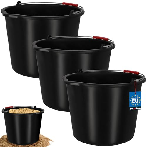 KOTARBAU Set of 3 construction buckets, 20 L, mortar bucket, plastic bucket, cleaning bucket with spout and handle, black, tool bucket, round, construction bucket