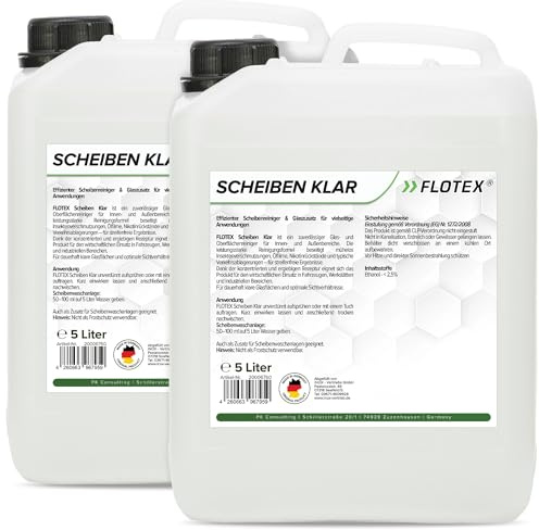 Flotex Scheibenklar 2 x 5 Liter | Zuverlässiger Auto Scheibenreiniger für streifenfrei Sicht & entfernt hartnäckige Verschmutzungen | Auch als Scheibenwischwasser Zusatz geeignet | Made in Germany