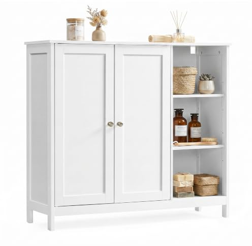VASAGLE Meuble de Salle de Bain, Armoire de Rangement, avec 2 Portes, Compartiments Ouverts et Étagères Réglables, 90 x 30 x 80 cm, pour Salon, Entrée, Blanc Nuage, Collection Siren BBK070WB01