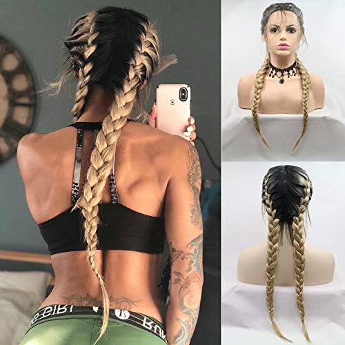 Mitte, doublu Blonde Zöpfe Synthetische Lace Front Perücken für Damen Cosplay/Party 2 x Twist Zöpfe Lange Dunkle Wurzeln Ombre Blonde Hälfte Hand auf hitzebeständig Faser geflochten Haar