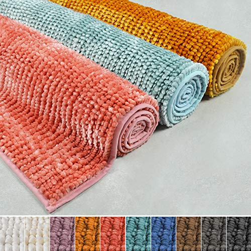 casa pura Tapis de bain en chenille - 50 x 80 cm - Rouge melon - Antidérapant - Lavable et passe au sèche-linge - Doux - Pour salle de bain et douche