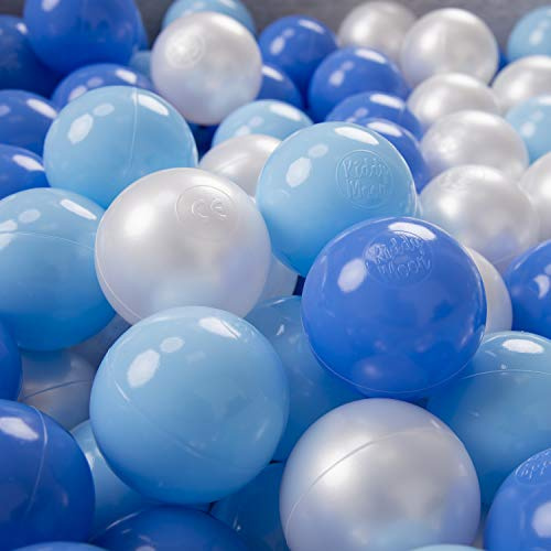 KiddyMoon 100/6 cm barnbollar för bollbad lekbollar baby plastbollar tillverkad i EU, baby blå/blå/pärla