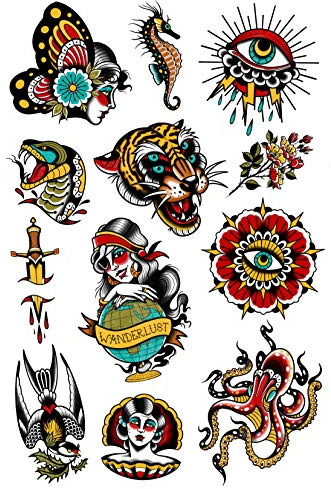 Tatsy Vintage Set, Temporary Tattoo Cover Up Sticker for Men and Women, Waterproof, Made in Eruope Tattoos, Classic Dagger, Wanderlust, Tiger, Seahorse, Signature Set Designed by Pro Erika Tóth