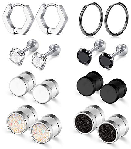 Rajnard 8 Paar Männer ohrring Ohrstecker Ohrring für Männer Frauen Edelstahl Creolen Huggie Piercing CZ Ohrringe Fake Plug Silber und Schwarz Farbe