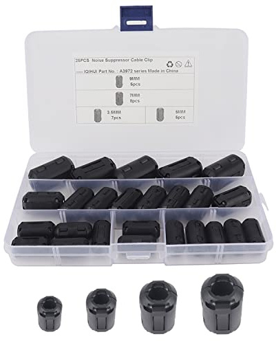 JZK Kabel-Clip, Ferrit-Ringkern, RFI, EMI, Rauschunterdrückung, Innendurchmesser 3,5 mm, 5 mm, 7 mm, 9 mm, für USB-Kabel, Mauskabel und Tastaturkabel, Schwarz, 25 Stück