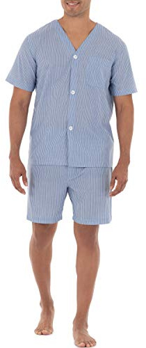 Fruit of the Loom Men's Broadcloth Short Sleeve Pajama Set, Blue Stripe, Large
