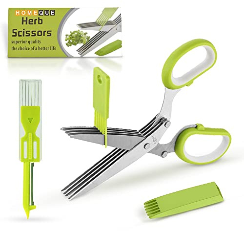 5-Blade Stainless Steel Herb Scissors with Cleaning Comb & Vegetable Peeler – Multi-Use Herb Cutter for Basil, Parsley, Cilantro & Kale