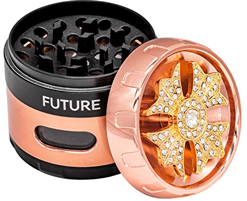 FUTURE 4 Piece Crystal Premier Herb Grinder Portable Spice Grinder with Pollen Scraper - Magnetic Lid Sharp Diamond Teeth For Easy Grinding Of Herbs Spices & Plants NON STICK 2.1 (55mm, Crystal Rose)