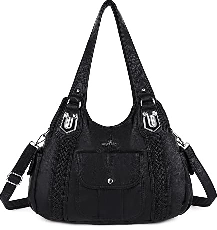 Angelkiss Geldbörsen und Handtaschen für Damen, gewaschenes veganes Leder, Umhänge-, Hobo-, Satchel- und Schultertasche, 1schwarz, 5.2 inches