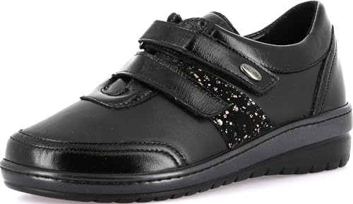GRUNLAND-NILE Comfort Shoe with Double Strap for Everyday wear, Fitted Sole, Removable Re-Soft Insole Made of Cork and Leather, and 3.5 cm high Wedge Heel Black