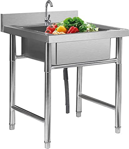 RTYHN Spülbecken Edelstahl Mobiles Ausgussbecken Werkstatt Spüle Standwaschbecken Waschtrog Spülschrank Komplettspüle mit Armatur Freistehend Spültisch Outdoor Garage Garten Küche Keller