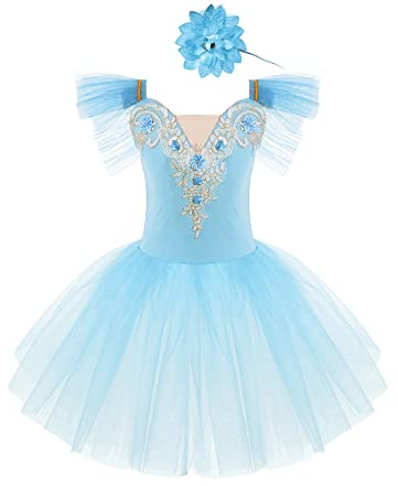 TiaoBug Mädchen Ballettkleidung 3tlg.Set Ballettkleid+Handschuhe+Haarband Kinder Ballettanzug Ballett Trikot Tanz Kostüm Tütü Kleid 104 110 116 122 128 140 152