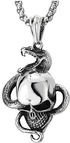COOLSTEELANDBEYOND Collana Pendente in Acciaio Inossidabile Punk Rock per Uomo con Cranio di Serpente, Catena di Grano da 75cm
