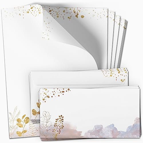 50 Briefpapier und Briefumschlag SET | Aquarell Modern edel | Papier und Umschlag mit Design-Motiv bedruckt | 90 g/m²