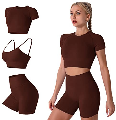 IMEKIS Damen 3 tlg Fitness Set Nahtlose Gym Yoga Kleidung Workout Sport Outfit Sport-BH mit Crop-Top und Shorts Frauen Slim Fit Sommer Biker Activewear Laufanzug Sportanzug Kaffee S