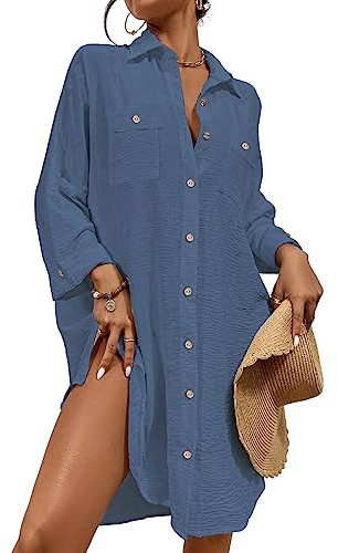 Bsubseach Femme Chemise de Plage Robe Bikini Cover Up Cache Maillot de Bain Pareo Plage Chemisiers Été Manches Longues Outwear Bleu Aérien XL
