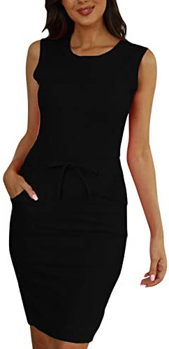 Sportliches Kleid für Damen, Alltag, lässiges Sommerkleid, Rundhalsausschnitt, ärmellos, Tankkleid, Strandkleid, Swing-Kleid, modisch, schmal, lässig, Party, Midi-Kleid, Freizeitkleid mit Taschen,