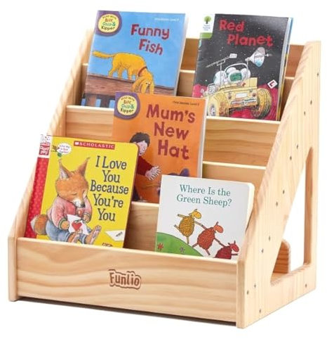 FUNLIO Montessori Bookshelf for Toddlers 1-5 Years, Front-Facing Kids Bookshelf with Anti-Tilting Device, Premium Pine Small Book Shelf for Kids Room, Children's Bookcase for Nursery/Classroom