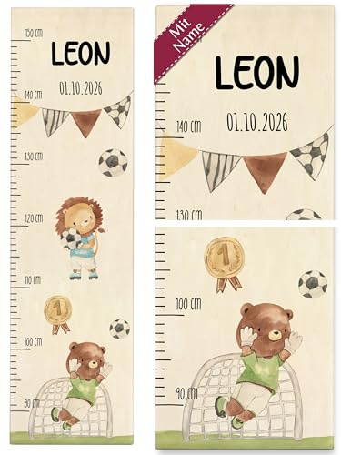 Messlatte Kind Holz - Kindermesslatte süße Tiere Fußball mit Name I Geschenk Kinder Fußballfans - 90-150 cm - Holz - kinderzimmer fußballfan fussball