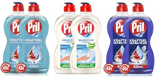 PRIL-Set Kraftgel 2x Ultra Plus & 2x Hygienische Frische & 2x Sensitive Aloe Vera, Handgeschirrspülmittel-Set mit hoher Fettlösekraft, für sauberes Geschirr, 6x 450ml