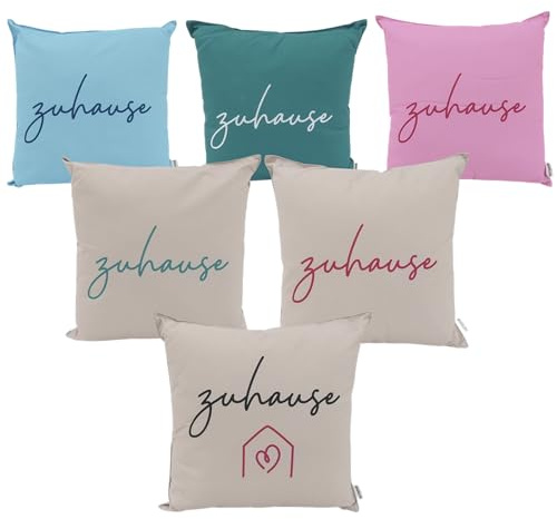 CB Home & Style Outdoor Garten Kissen Wasserabweisend 45x45cm mit Füllung Schriftzug Zuhause (Zuhause - beige/schwarz/pink)