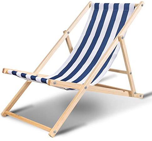 Hebitod Liegestuhl Holz Klappbar, Verstellbar 120kg Belastbar, Sonnenliege für Strand, Camping, Balkon, Pool, Holzklappstuhl, Strandliege, Wetterfest, Strandstuhl, Campingliege, Blaue und Weiße