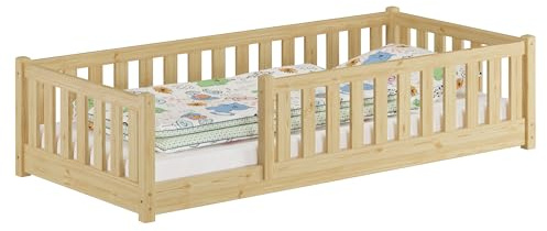 Erst-Holz®Kinderbett, Holzbett 90x200 mit Rundumsicherung Kiefer Natur lackiert V-60.77-09ohne Zubehör