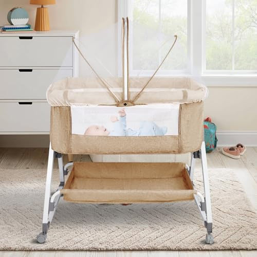 HUOLE Cuna 3 en 1 hasta 30 kg, Cuna de colecho, Cuna Mecedora, Ajuste de Altura e inclinación del colchón, 4 Ruedas con Freno, Colchón Ergonómico, Bolsa-80 * 40 * 100-115cm-blanquecino
