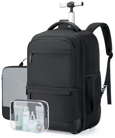 BAGSMART Rolling Travel Backpack, Water-Resistant Travel Laptop Backpacks with Wheels for Adults, 17 Inch Large Roller College Backpack Luggage Carry on with 2 Packing Cubes, Black
